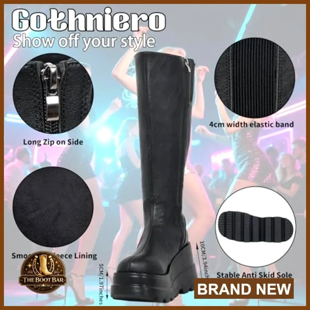 Chunky Platform Knee High Boots Wedge Heel Combat Punk Motorcycle Style